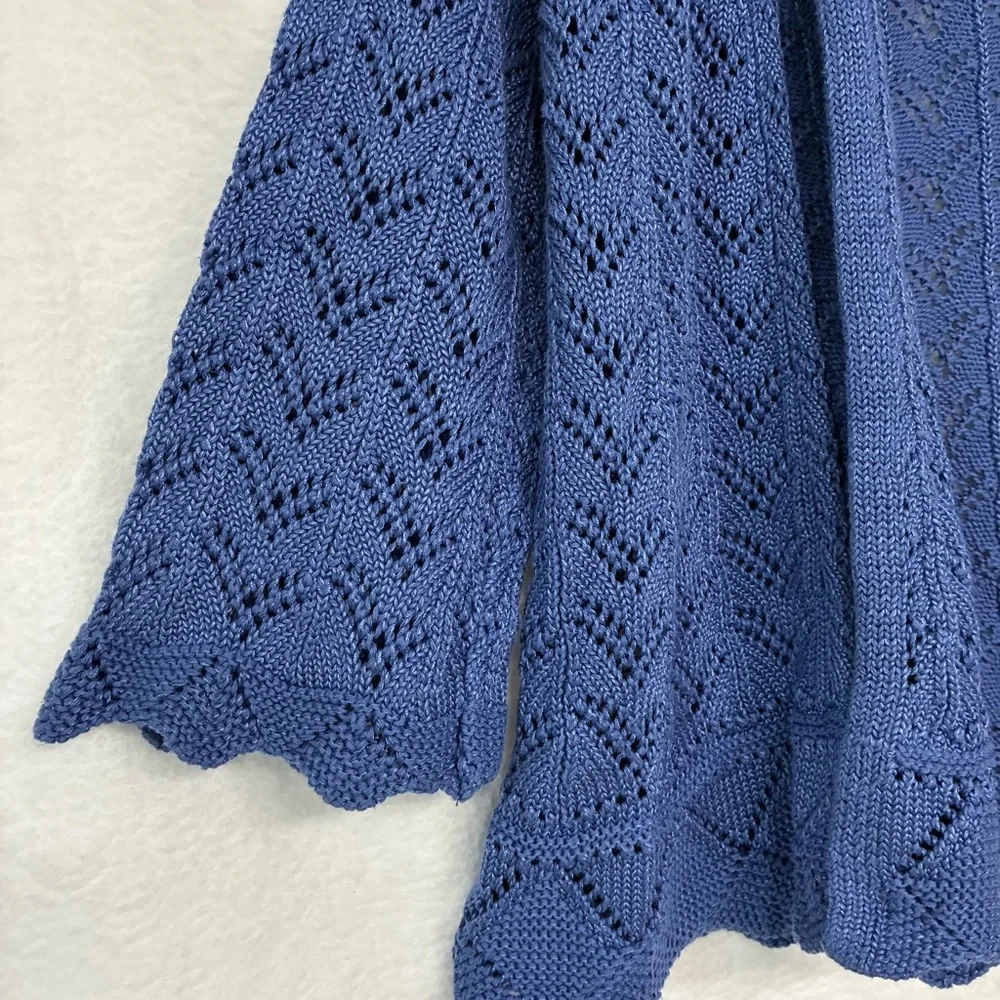 Blue Pointelle Knit Bolero Cardigan Open Front Lace Shrug Boho Cottagecore - Picture 2 of 5